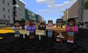 Captura de pantalla de Good Trouble, un universo de Minecraft Education, en la que aparecen activistas del movimiento Black Lives Matter.